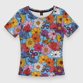 Женская футболка 3D Slim с принтом Ромашки лютики ,  |  | васильки | лето | маки | паттерн | поле | полевые цветы | ромашка | цветы