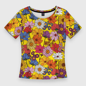 Женская футболка 3D Slim с принтом Цветочки лютики на желтом фоне ,  |  | васильки | лето | полевые цветы | природа | ромашки | цветы