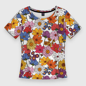 Женская футболка 3D Slim с принтом Полевые Цветы на белом фоне ,  |  | лето | поле | полевые цветы | природа | ромашка | цветы