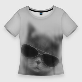 Женская футболка 3D Slim с принтом Крутой кот в очках в тумане ,  |  | cat | kawaii | kitten | kitty | pussycat | кот | котенок | котик | кошачьи | кошка | милый