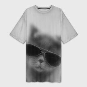 Платье-футболка 3D с принтом Крутой кот в очках в тумане ,  |  | cat | kawaii | kitten | kitty | pussycat | кот | котенок | котик | кошачьи | кошка | милый