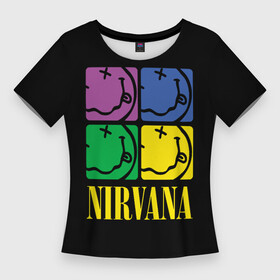 Женская футболка 3D Slim с принтом NIRVANA (смайлики) ,  |  | anarchy | kurt cobain | nirvana | punks not dead | rock music | анархия | гаражный рок | гитара | гранж | кортни лав | курт кобейн | металл | нирвана | панк рок | рок музыка | рок н ролл | рокер | смайл | смайлики | трэш метал