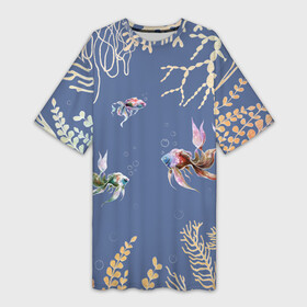 Платье-футболка 3D с принтом Разноцветные акварельные рыбки с морскими водорослями ,  |  | акварельные водоросли | акварельные рыбки | акварельный дизайн | акварельный принт | аквариум | аквариумные рыбки | морской | морской дизайн | разноцветные водоросли | разноцветные рыбки