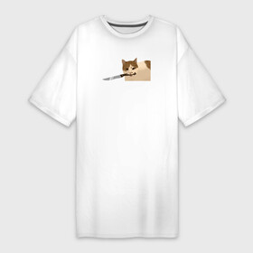 Платье-футболка хлопок с принтом Бело рыжий кот с ножом ,  |  | белый кот | домашние животные | животные | кот | кот из мема с девушками | коты из мемов | мемные коты | мемы | принт с котом | принты с котами | смешной кот | смешные коты | текст на английском