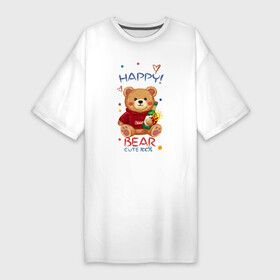Платье-футболка хлопок с принтом СЧАСТЛИВЫЙ МИШКА  HAPPY BEAR  CUTE 100 ,  |  | art | bear | beer | bottle | cute | drawing | heart | stars | sun | арт | бутылка | звезды | медведь | милый | мишка | рисунок | сердце | солнце