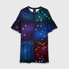 Детское платье 3D с принтом Созвездия Северного полушария летом , 100% полиэстер | прямой силуэт, чуть расширенный к низу. Круглая горловина, на рукавах — воланы | Тематика изображения на принте: constellations | galaxy | stars | вселенная | звезды | небо | ночное | полушарие | северное | созвездия