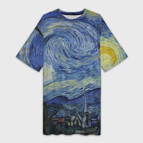 Платье-футболка 3D с принтом Звездная ночь Ван Гога ,  |  | van gogh | ван гог | винсест ван гог | звездопад | звезды | картина | млечный путь | небо | синее | синий | синяя | солнце