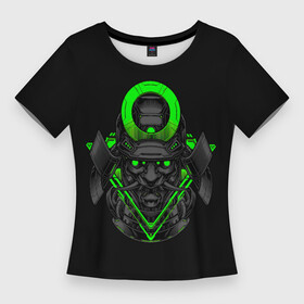 Женская футболка 3D Slim с принтом Неоновый Они Самурай ,  |  | cyber | cyberpunk | demon | devil | fangs | green | halo | horns | mask | mecha | monster | neon | oni | samurai | shogun | гало | демон | дьявол | зеленый | кибер | киберпанк | клыки | маска | меха | монстр | неон | неоновый | они | рога | самурай | сегу