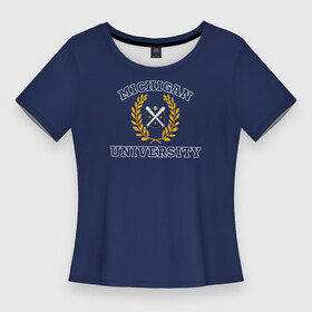Женская футболка 3D Slim с принтом Michigan University, дизайн в стиле американского университета на синем фоне ,  |  | est | michigan | university | америка | американские университеты | американский колледж | американский спорт | биты | колледж | мяч | спорт | сша | университеты америки