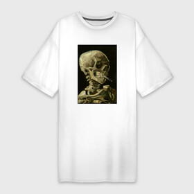 Платье-футболка хлопок с принтом Череп с горящей сигаретой Ван Гог ,  |  | skull skeleton | ван гога | винсест ван гог | дым | черная | черный