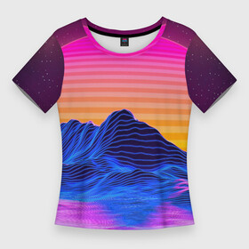 Женская футболка 3D Slim с принтом РЕТРО НЕОН  CYBERPUNK ,  |  | background | cyberpunk | mountains | neon | retro | space | stars | sun | горы | звезды | киберпанк | космос | неон | ретро | солнце | фон