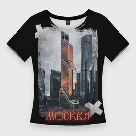 Женская футболка 3D Slim с принтом Москоу Сити ,  |  | Тематика изображения на принте: moscow city | архитектура | город | москва | пасмурное небо | россия | черный фон
