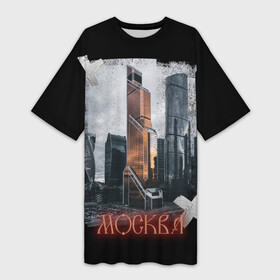 Платье-футболка 3D с принтом Москоу Сити ,  |  | Тематика изображения на принте: moscow city | архитектура | город | москва | пасмурное небо | россия | черный фон