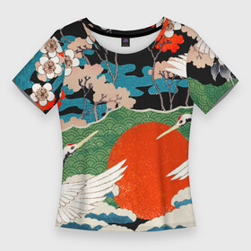 Женская футболка 3D Slim с принтом Воспоминания об Японии ,  |  | аисты | искусство | картина | пейзаж | япония
