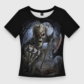Женская футболка 3D Slim с принтом Территория кошмана ,  |  | готы | ночь | рок | скелет | тьма | ужас | хоррор | череп | эмо
