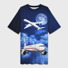 Платье-футболка 3D с принтом Пассажирский самолет Ту 214 ,  |  | blue sky | civil | clouds | flies | plane | takeoff | tupolev | взлет | голубое небо | гражданский | летит | облака | самолет | ту 214 | туполев
