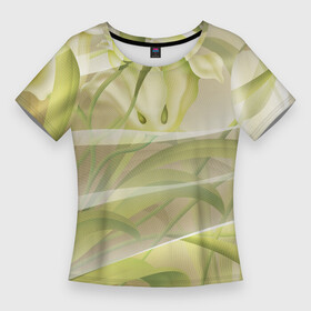 Женская футболка 3D Slim с принтом Абстрактные ирисы ,  |  | абстракция | зеленый | ирис | линии | нежный | сетка | цветочки | цветы