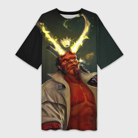 Платье-футболка 3D с принтом ХЕЛЛБОЙ  ЧЕРТ  ДЕМОН ,  |  | art | crown | demon | devil | fire | hellboy | horns | weapons | арт | демон | дьявол | корона | огонь | оружие | рога | хеллбой | черт