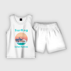Детская пижама с шортами хлопок с принтом Серфинг на Мальдивских островах. ,  |  | виндсерфинг | водный спорт | волна | мальдивы | океан | отдых на мальдивах | пальмы | серфинг | серфингист | текст | чайки