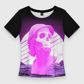 Женская футболка 3D Slim с принтом Vaporwave  Skull  Психоделика ,  |  | mountains | psychedelic | skull | sun | vaporwave | горы | психоделика | солнце | череп