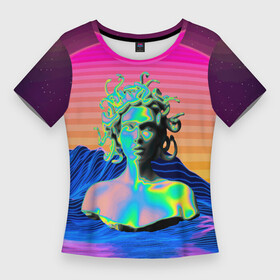 Женская футболка 3D Slim с принтом Gorgon Medusa  Vaporwave  Neon  Mountains ,  |  | color | face | gorgon | medusa | neon | snake | vaporwave | горгона | змея | лицо | медуза | неон | цвет