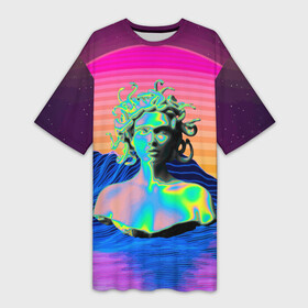 Платье-футболка 3D с принтом Gorgon Medusa  Vaporwave  Neon  Mountains ,  |  | color | face | gorgon | medusa | neon | snake | vaporwave | горгона | змея | лицо | медуза | неон | цвет