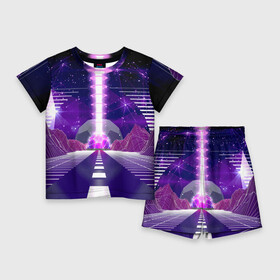 Детский костюм с шортами 3D с принтом Vaporwave  Neon  Space ,  |  | cosmos | neon | space | stars | vaporwave | звёзда | космодром | космос | неон