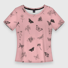 Женская футболка 3D Slim с принтом Цветочки и бабочки на розовом фоне ,  |  | бабочки | весна | для девочек | летний принт | лето | милый дизайн | насекомые | пчелы | розовый | ромашки | стрекоза | цветочки | цветочный принт | цветы | черные бабочки