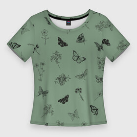 Женская футболка 3D Slim с принтом Цветочки и бабочки на зеленом фоне ,  |  | бабочки | весна | для девочек | летний принт | лето | милый дизайн | насекомые | пчелы | розовый | ромашки | стрекоза | цветочки | цветочный принт | цветы | черные бабочки