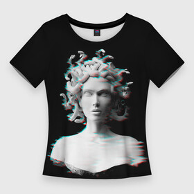 Женская футболка 3D Slim с принтом Горгона медуза medusa gorgon ,  |  | black | bw | gorgon | medusa gorgon | mythology | pixels | snake | snakes | statue | white | белый | гаргона | горгона | змеи | змея | медуза | медуза горгона | мифология | пиксели | статуя | чб | черный