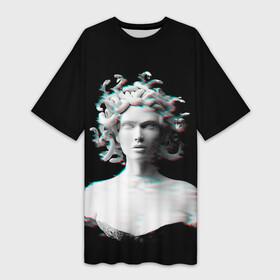 Платье-футболка 3D с принтом Горгона медуза medusa gorgon ,  |  | black | bw | gorgon | medusa gorgon | mythology | pixels | snake | snakes | statue | white | белый | гаргона | горгона | змеи | змея | медуза | медуза горгона | мифология | пиксели | статуя | чб | черный