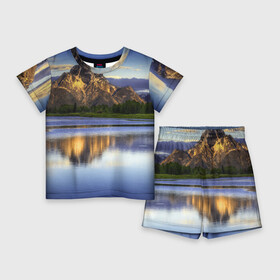 Детский костюм с шортами 3D с принтом Горы (mountains) ,  |  | lake | mountains | горы | озеро | скалы