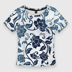 Женская футболка 3D Slim с принтом Гжелевые цветы ,  |  | арт | вектор | гжелевый рисунок | гжель | народный рисунок | рисунок | синий | хохлома | цветок | цветы