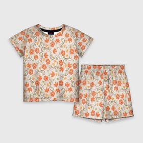 Детский костюм с шортами 3D с принтом Оранжевый вьюнок ,  |  | арт | вьюнок | куст | кусты | оранжевые цветы | оранжевый вьюнок | оранжевый цветок | рисунок | цветок | цветы