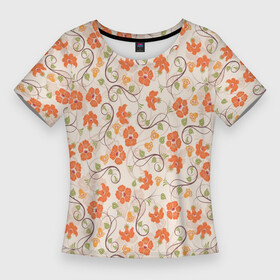 Женская футболка 3D Slim с принтом Оранжевый вьюнок ,  |  | арт | вьюнок | куст | кусты | оранжевые цветы | оранжевый вьюнок | оранжевый цветок | рисунок | цветок | цветы
