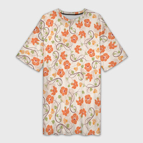 Платье-футболка 3D с принтом Оранжевый вьюнок ,  |  | арт | вьюнок | куст | кусты | оранжевые цветы | оранжевый вьюнок | оранжевый цветок | рисунок | цветок | цветы
