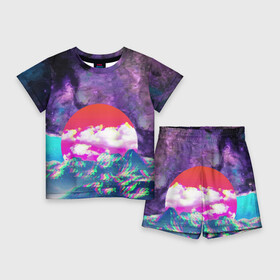 Детский костюм с шортами 3D с принтом Закат красного солнца  Импрессионизм  Горы  Neon ,  |  | clouds | color | impressionism | mountains | sky | sun | sunset | горы | закат | импрессионизм | небо | облака | солнце | цвет
