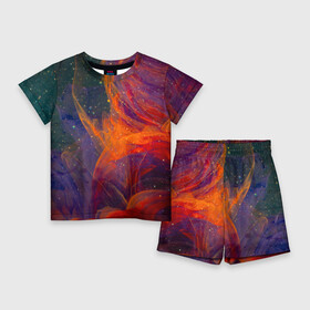 Детский костюм с шортами 3D с принтом Разноцветный абстрактный дым ,  |  | абстракция | блестки | дым | звезды | красный | пыль | разноцветный | синий
