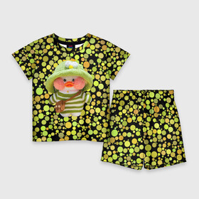 Детский костюм с шортами 3D с принтом Лалафанфан взеленой шляпке ,  |  | Тематика изображения на принте: lalafanfan duck | игрушка | лалафанфан | утка | уточка