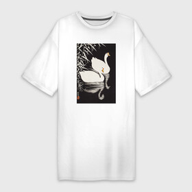 Платье-футболка хлопок с принтом White Chinese Geese Swimming by Reeds ,  |  | japan | ohara koson | винтаж | гуси | искусство | картины | культура японии | охара косон | природа | пруд | птицы | япония | японская культура