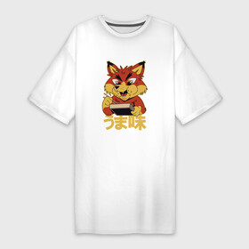 Платье-футболка хлопок с принтом Japanese Fox Eating Ramen  Японская лиса ест Рамен ,  |  | bento | box | cute fox | food | foxxy | foxy | japan | japanese | kanji | ramen bowl | бенто | бэнто | иероглифы | канджи | кандзи | лапша | лисёнок | лисички | миска рамена | надпись | слово | суп | фокс | фокси | япония | японский рамен