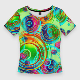 Женская футболка 3D Slim с принтом ЦВЕТНЫЕ ПУЗЫРИ ,  |  | абстрактные | желтый | зеленый | красный | красочные | круги | многоцветный | оранжевый | пузыри | радуга | разноцветный | розовый | синие | узор | цвета | цветные