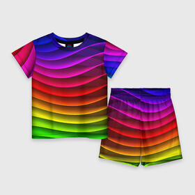 Детский костюм с шортами 3D с принтом Color line neon pattern  Abstraction  Summer 2023 ,  |  | Тематика изображения на принте: abstraction | color | fashion | line | neon | pattern | stripe | summer | абстракция | лето | линия | мода | неон | полоса | узор | цвет