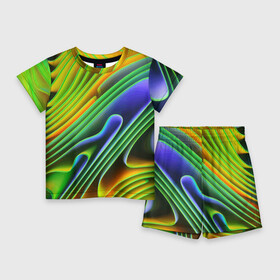 Детский костюм с шортами 3D с принтом Цветные неоновые полосы  Абстракция  Color neon pattern  Abstraction ,  |  | abstraction | bending | color | neon | pattern | stripe | wave | абстракция | волна | изгиб | неон | полоса | цвет