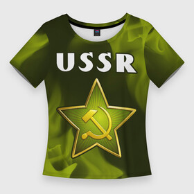 Женская футболка 3D Slim с принтом USSR  ЗВЕЗДА  Огонь ,  |  | made | russia | ussr | ветеран | герб | звезда | ленин | огонь | орел | пламя | победа | родина | рожден | рожденный | россия | русский | сборная | сделан | сделано | символ | символы | советский | союз | ссср