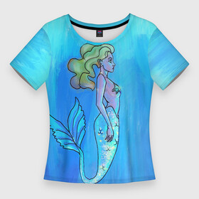 Женская футболка 3D Slim с принтом Русалка с блестящим хвостом под водой ,  |  | mermaid | блеск | водой | голубые | море | океан | оттенки | под | русалка | русалочка | сказочное | существо | хвост