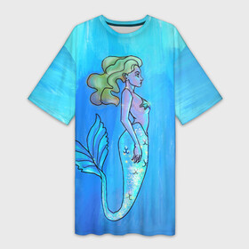 Платье-футболка 3D с принтом Русалка с блестящим хвостом под водой ,  |  | mermaid | блеск | водой | голубые | море | океан | оттенки | под | русалка | русалочка | сказочное | существо | хвост