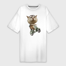 Платье-футболка хлопок с принтом Крутой котяра на скутере ,  |  | backpack | cat | claws | ears | kitten | moustache | muzzle | scooter | когти | кот | котёнок | кошка | мордочка | очки | рюкзак | скутер | усы | уши