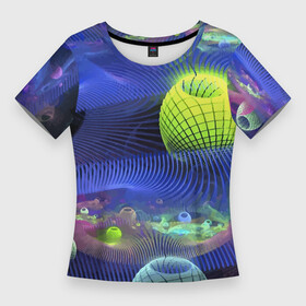 Женская футболка 3D Slim с принтом Геометрический фрактальный неоновый паттерн  Geometric fractal neon pattern ,  |  | abstraction | fractal | geometry | neon | pattern | vanguard | абстракция | авангард | геометрия | неон | узор | фрактал