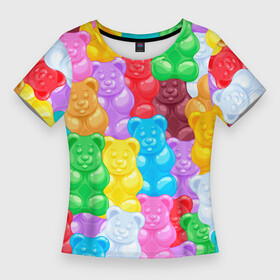 Женская футболка 3D Slim с принтом мармеладные мишки разноцветные ,  |  | background | bear | bears | colorful | gummy bears | haribo | marmalade | multicolor | sweets | мармелад | мармеладные мишки | медведи | медведь | мишки | мультицвет | разноцветный | сладости | фон | харибо